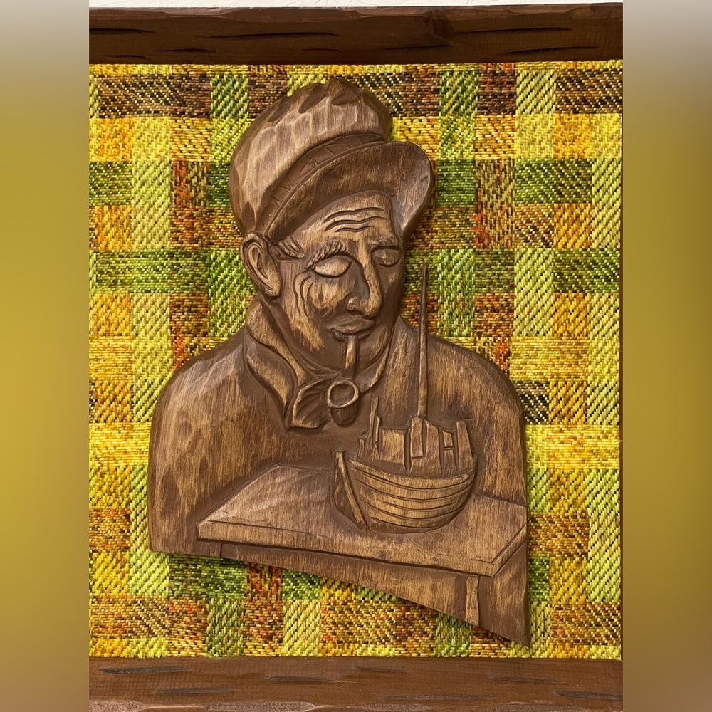 Vintage MCM Hand Carved Wooden Sailor on Woven Tapestry Decor, 17”X18”
